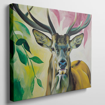 Framed canvas print of a colourful, modern artistic depiction of a stag with vibrant hues.