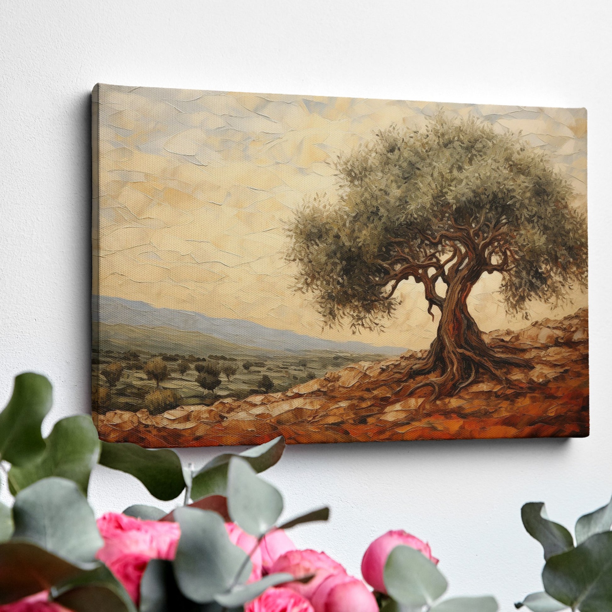 Framed canvas print of a stylised olive tree in a rustic Mediterranean landscape with warm terracotta and olive green tones