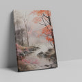 Framed canvas print of a misty forest stream with autumn cherry blossoms in pink and grey hues