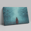 Framed canvas print of a girl in red standing in a mystical blue forest with butterflies