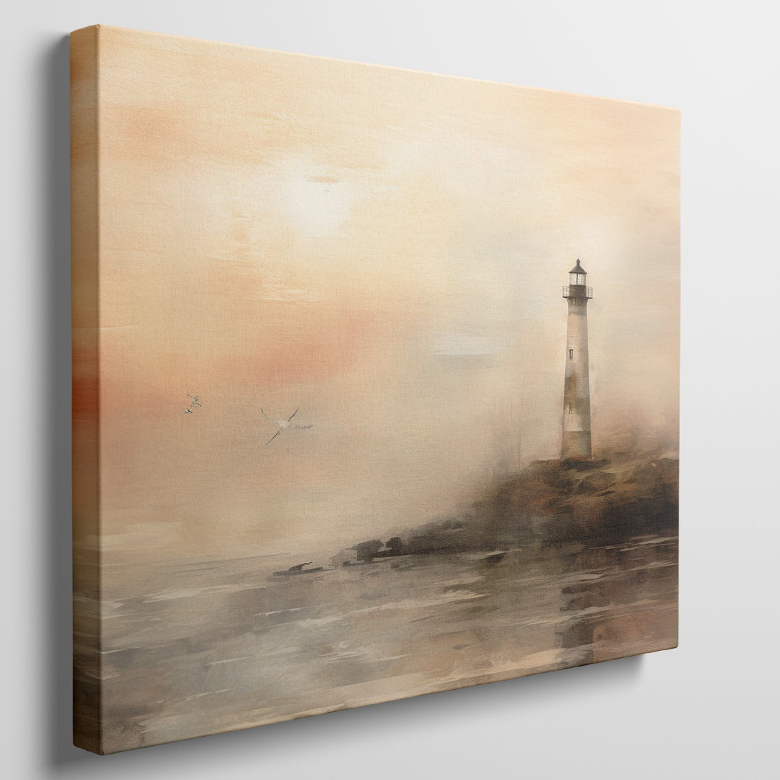 Watercolor painting of a lighthouse at sunset with orange and beige tones and birds in the sky