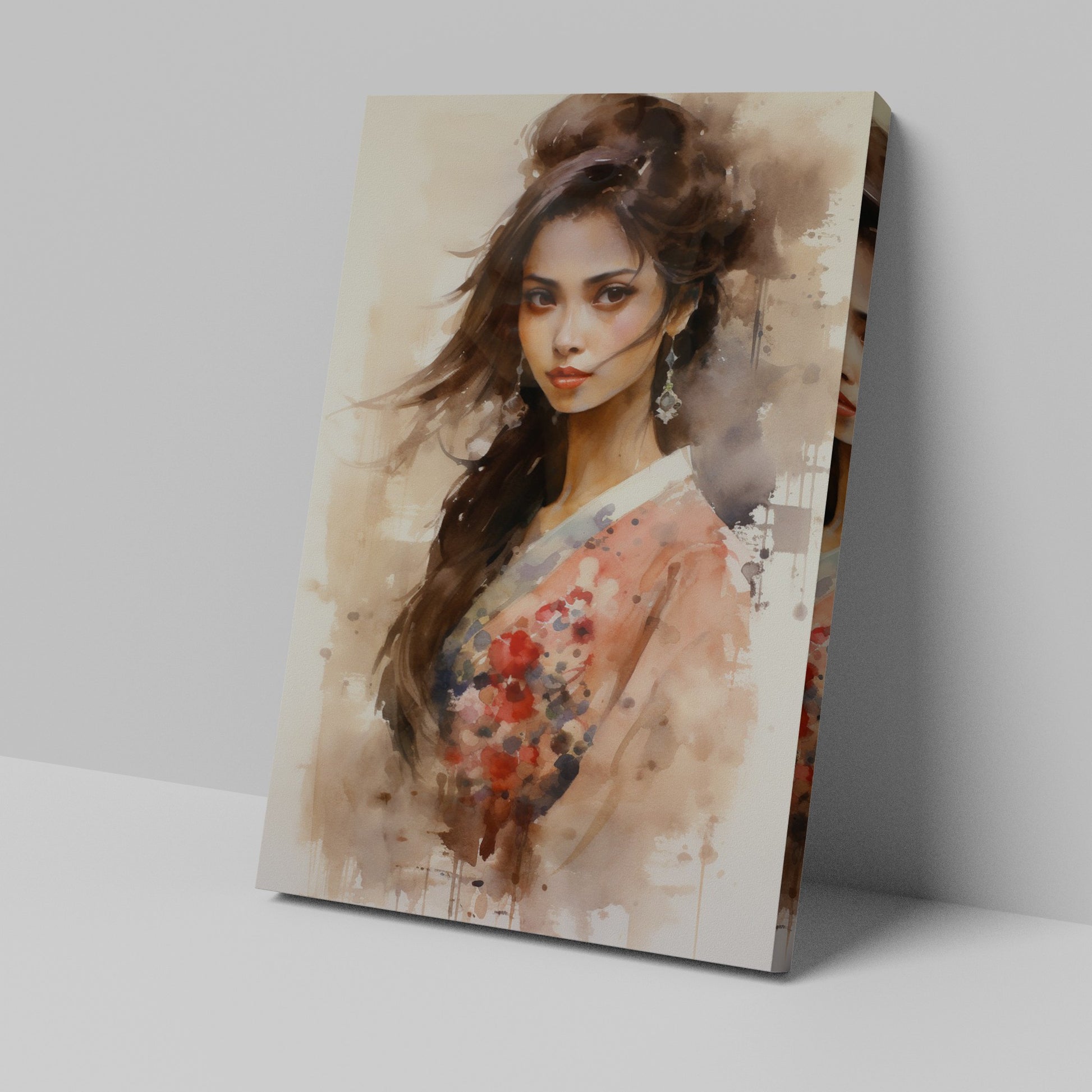 Framed canvas print of an elegant woman in a watercolour style, with a warm palette and floral kimono