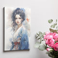 Artistic watercolour portrait of a young woman in traditional attire with abstract elements