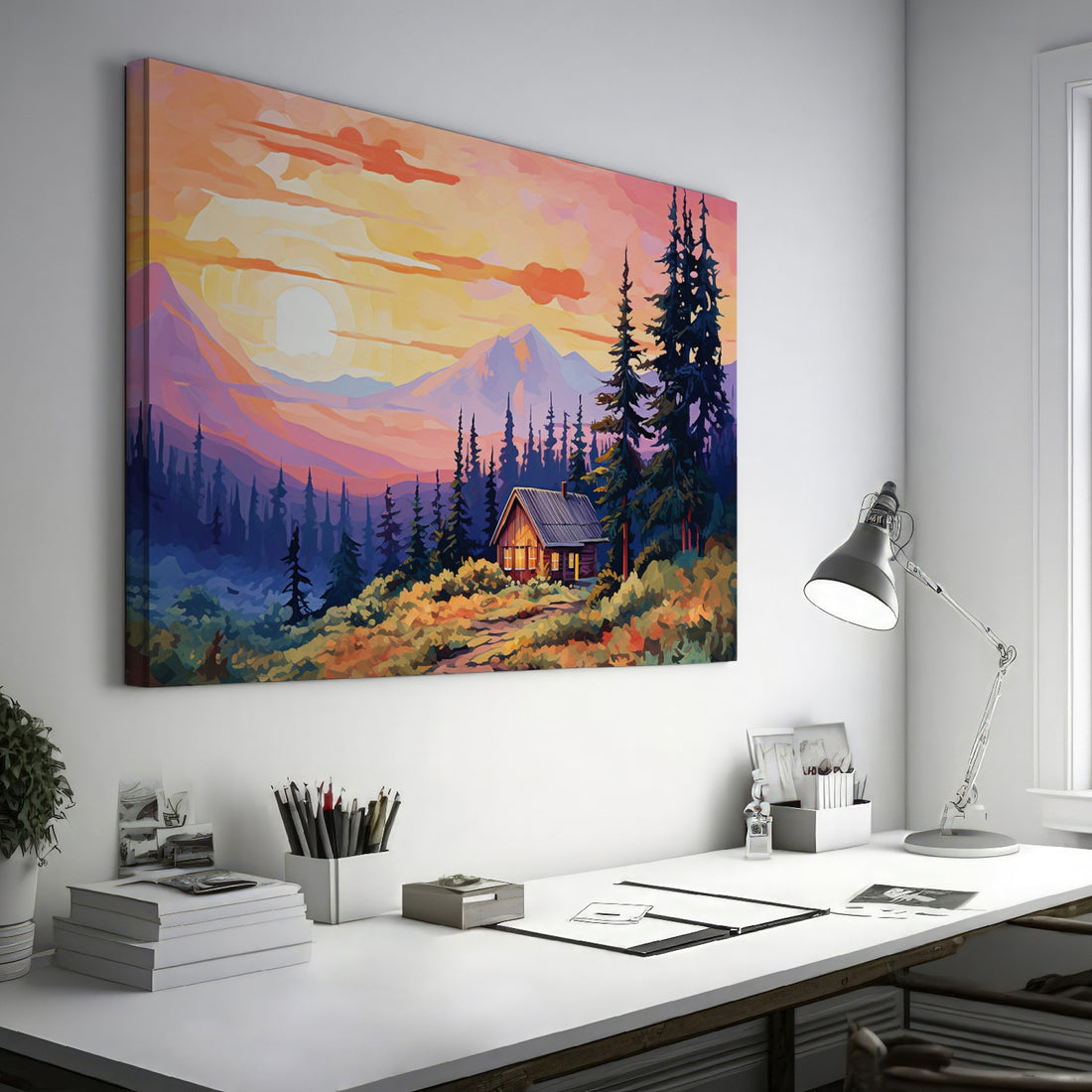 Framed canvas print of a colorful rustic cabin at sunset with vibrant sky and mountain background