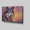 Framed canvas print of a stylized geometric husky against a colourful sunset