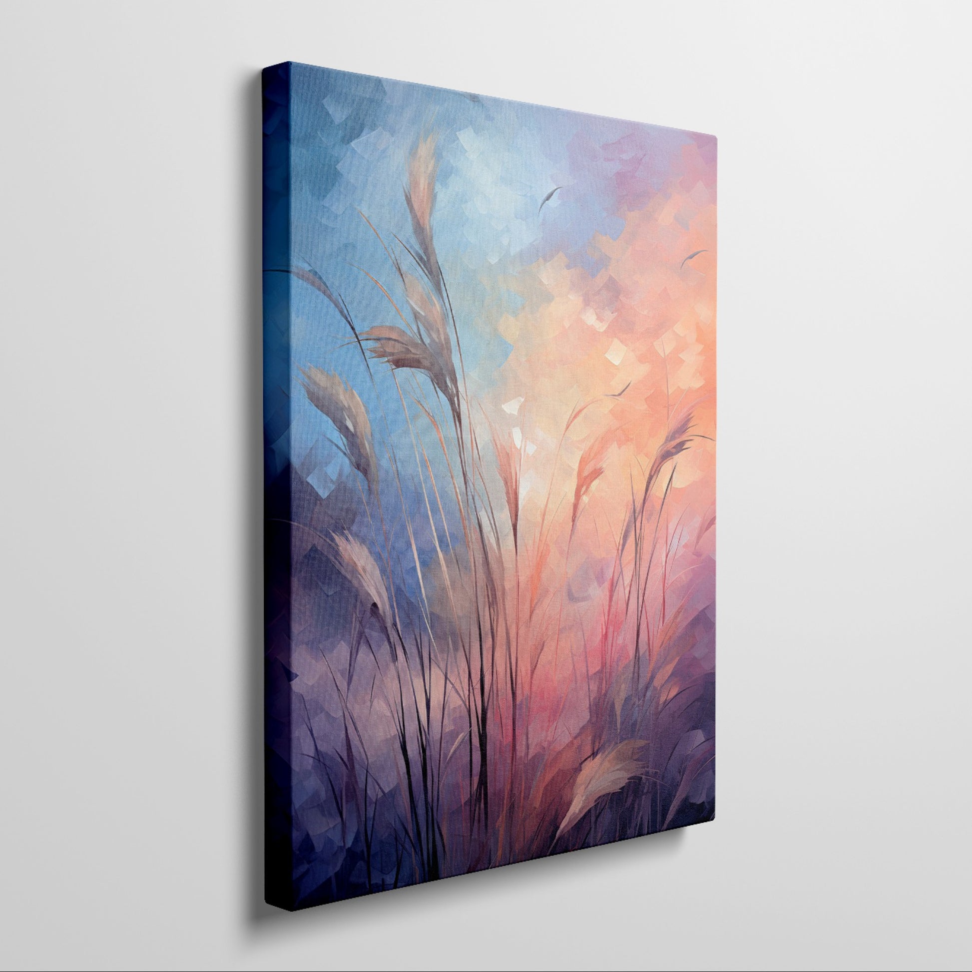 Framed canvas print of stylised grass with abstract, colourful geometric background