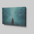 Framed canvas print of a girl in red standing in a mystical blue forest with butterflies