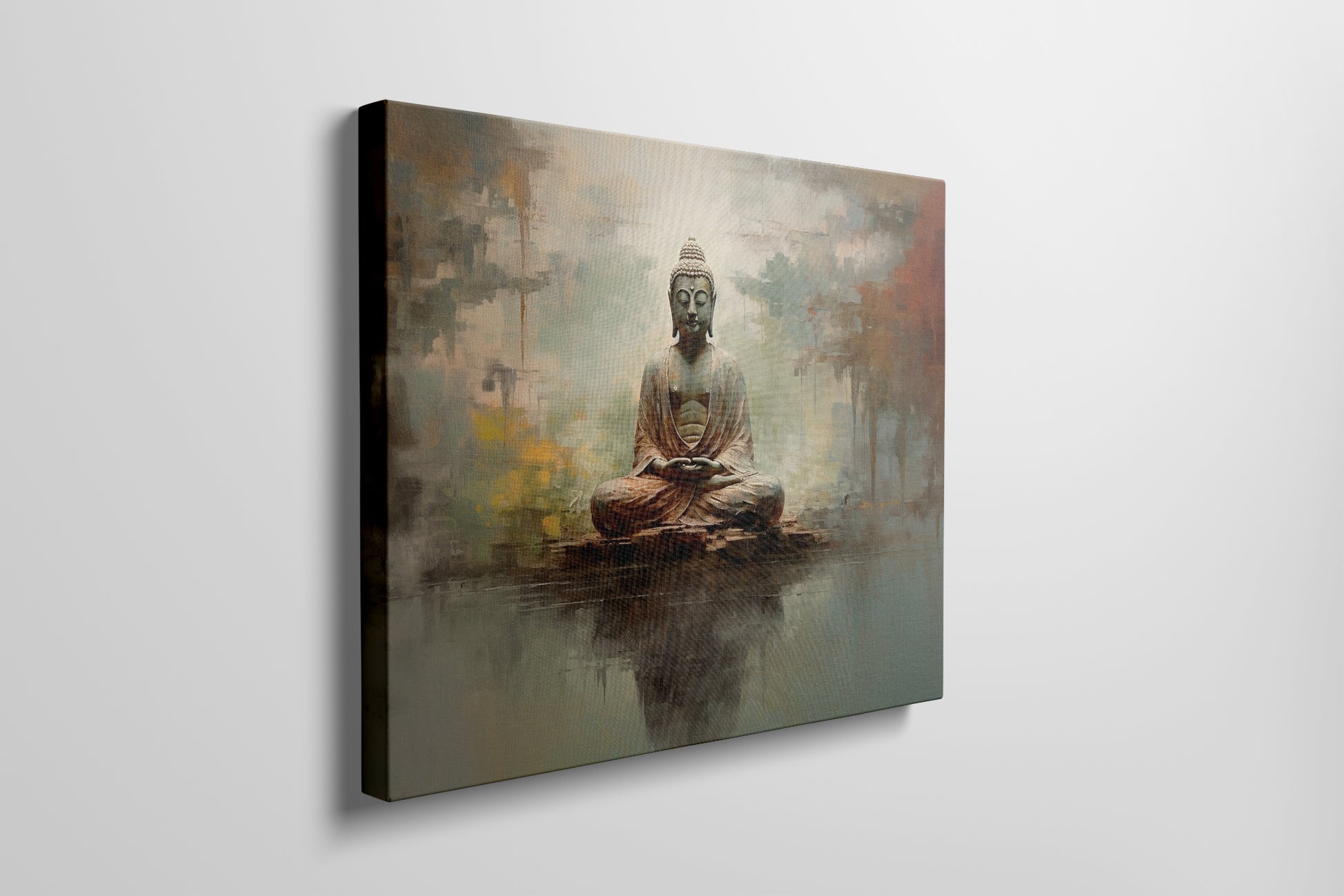 Framed canvas print of a serene Buddha in meditation with an abstract, earth-toned backdrop and reflective water