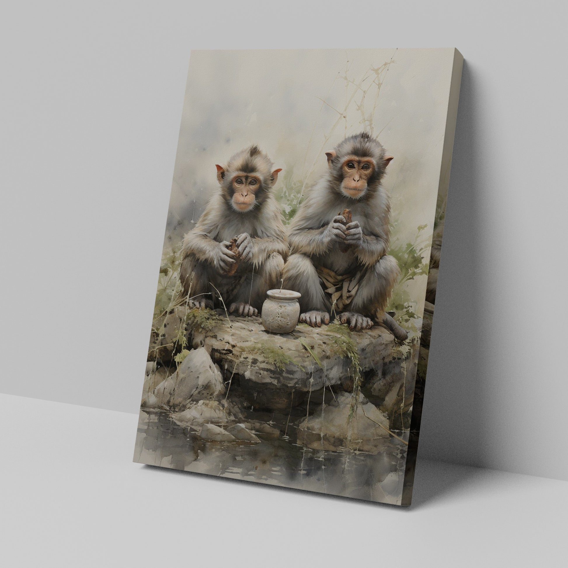 Framed canvas print of two realistic macaques with serene expressions sitting by a water pot