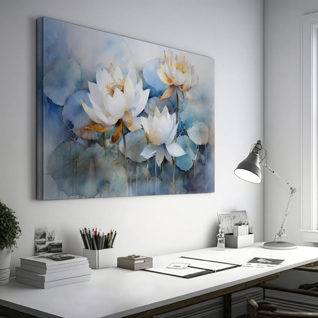 Framed canvas print of ethereal blue and white watercolour lotus flowers with a tranquil vibe