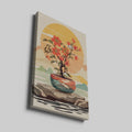 Stylized illustration of an orange bonsai tree in a colorful pot with a sunset and mountains in the background