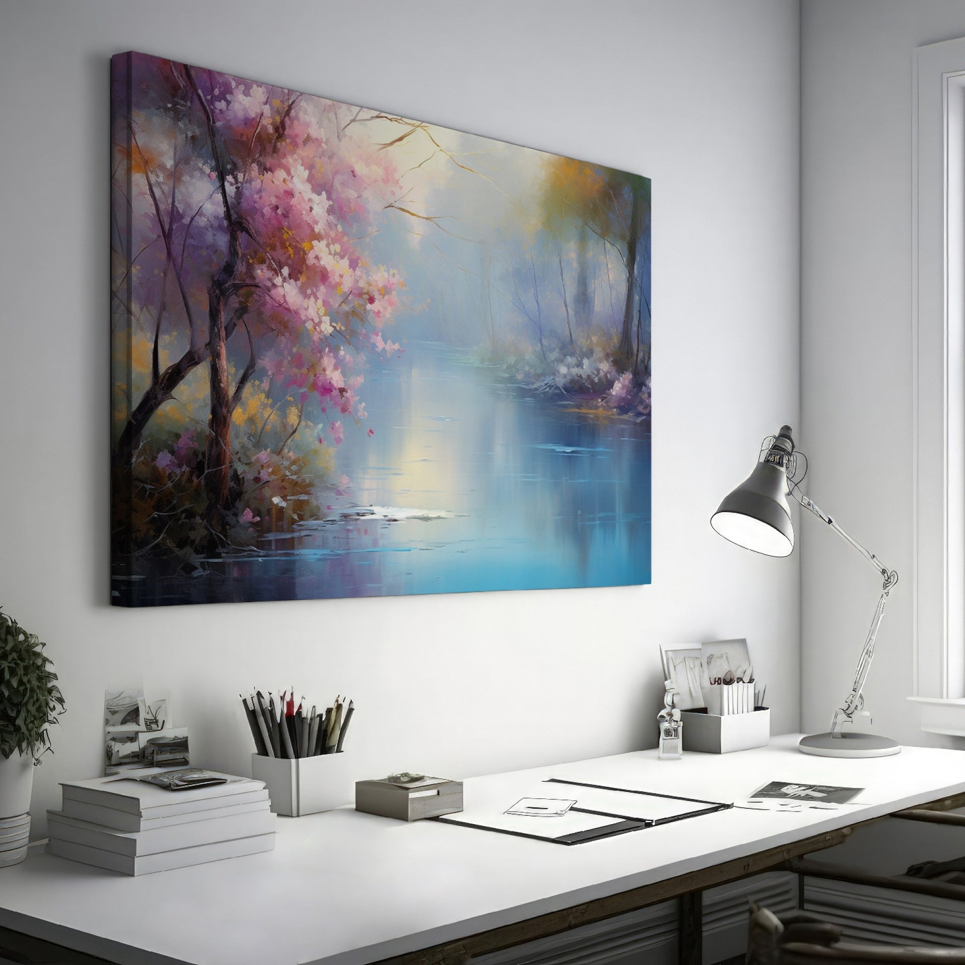 Framed canvas print of a serene landscape with cherry blossoms and a misty lake