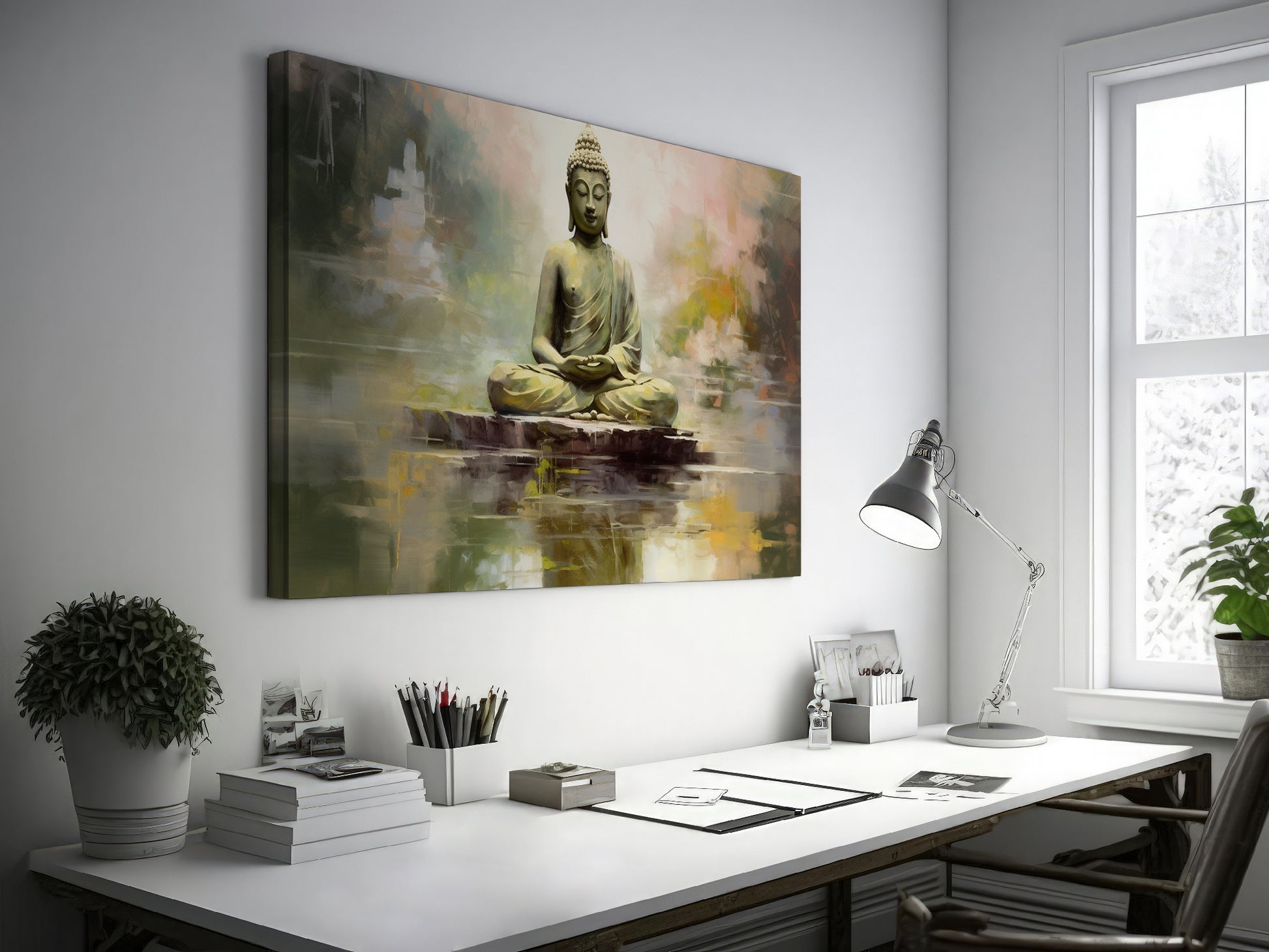 Framed canvas print of a serene Buddha sitting in meditation with a reflective water effect