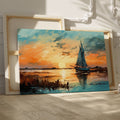 Framed canvas print of an impressionist painting depicting a sailboat at sunset with vibrant oranges and blues