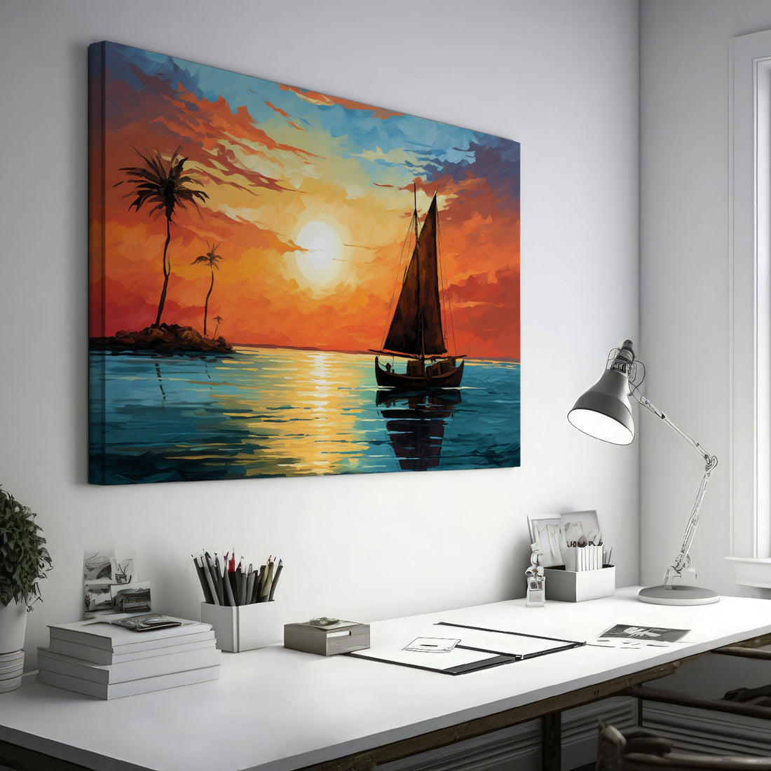 Framed canvas print of a tropical sunset with a sailboat and palm trees