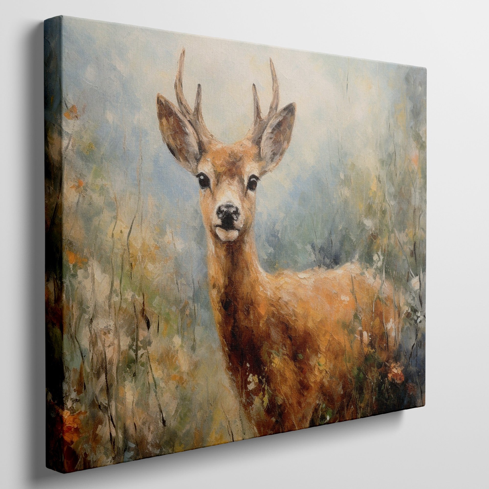 Framed canvas print of an impressionist painting of a deer with autumn colours