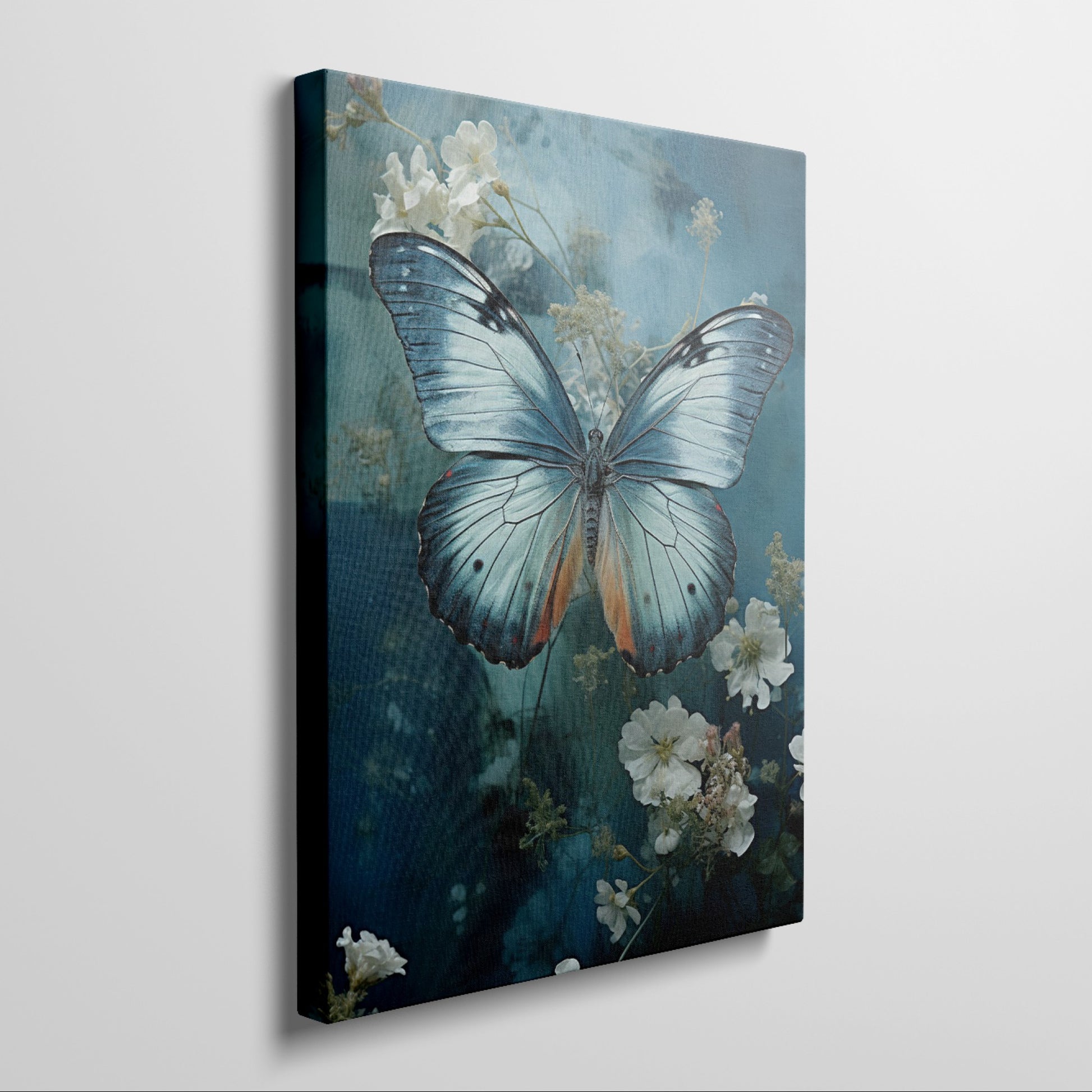 Framed canvas print of a vivid blue butterfly with delicate white flowers on a blue background