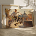 Framed canvas print of an impressionist urban scene with a skateboarder performing a trick in sunlight