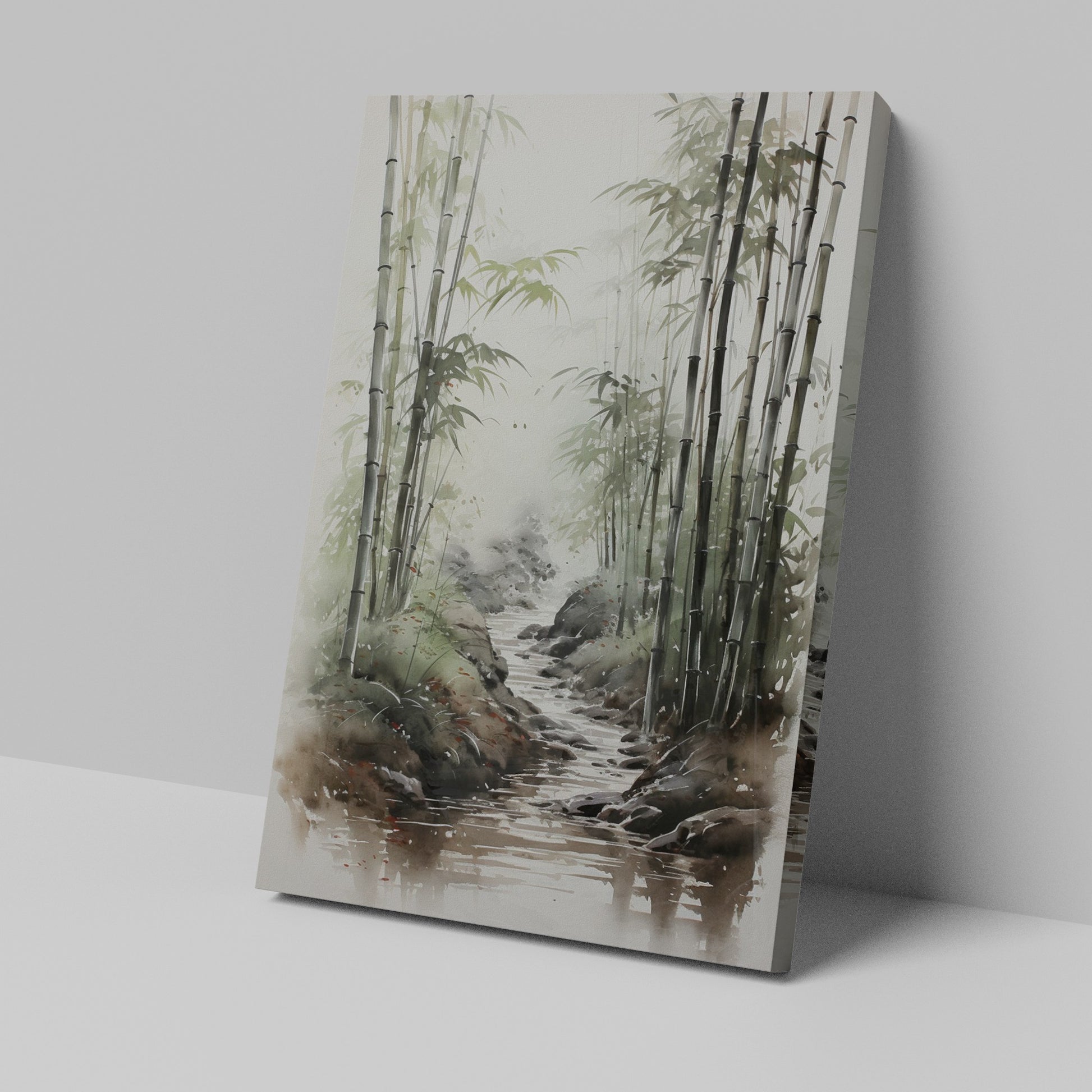 Framed canvas print of tranquil bamboo forest and stream in watercolour