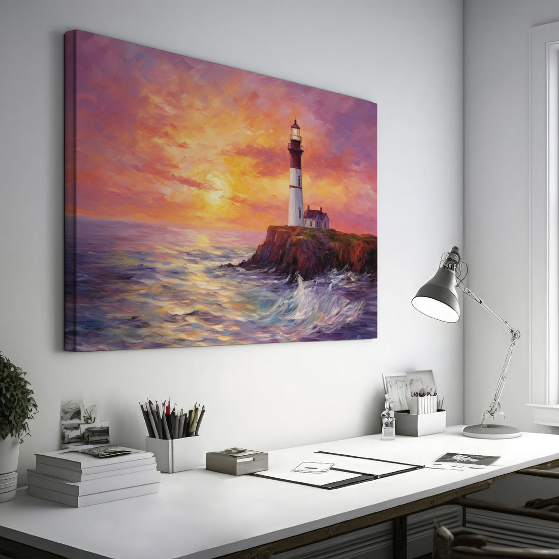 Impressionist painting of a lighthouse at sunset with orange sky and blue sea