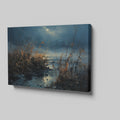 Framed canvas print of an impressionistic landscape with moonlit waters and reed-filled foreground