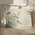 Framed canvas print of a misty bamboo forest in tranquil green and white tones