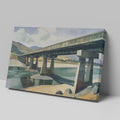 Framed canvas print of a serene countryside bridge over a river with mountain backdrop