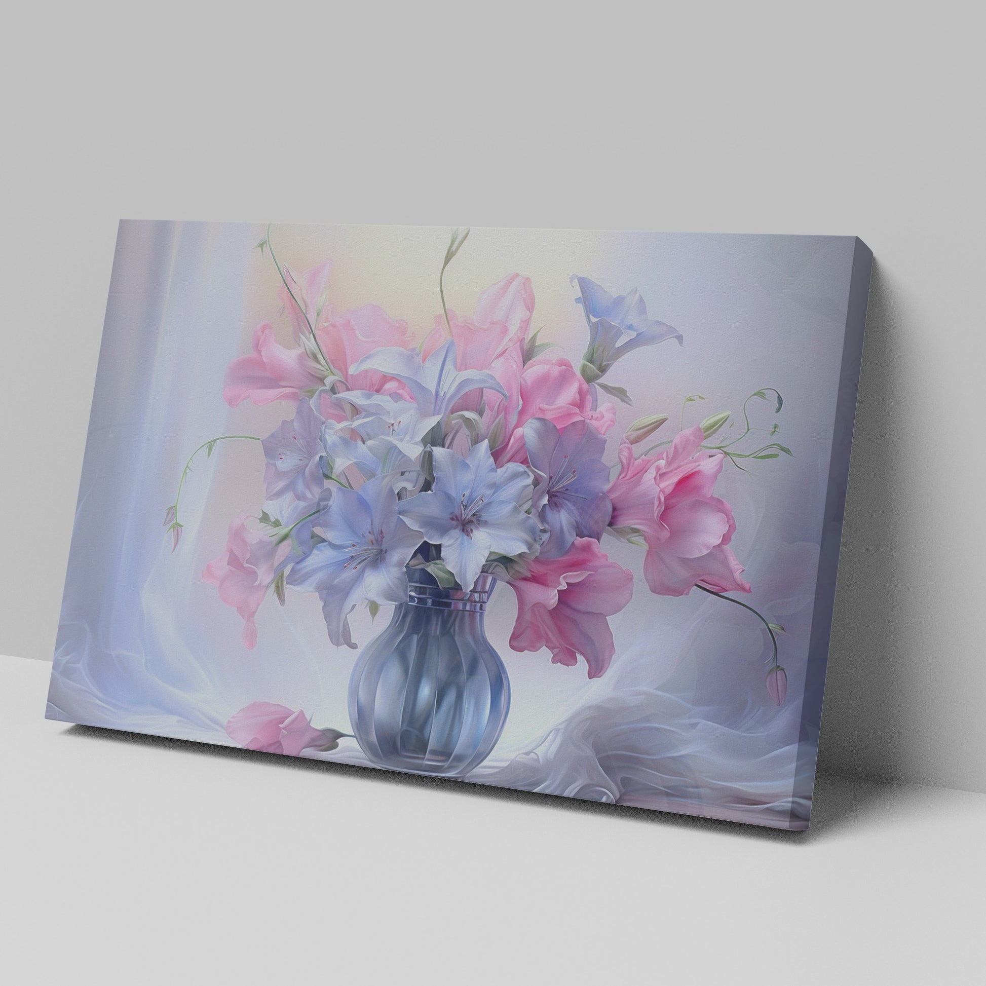 Framed canvas print of a realistic floral still life with pastel pink and blue flowers in a vase