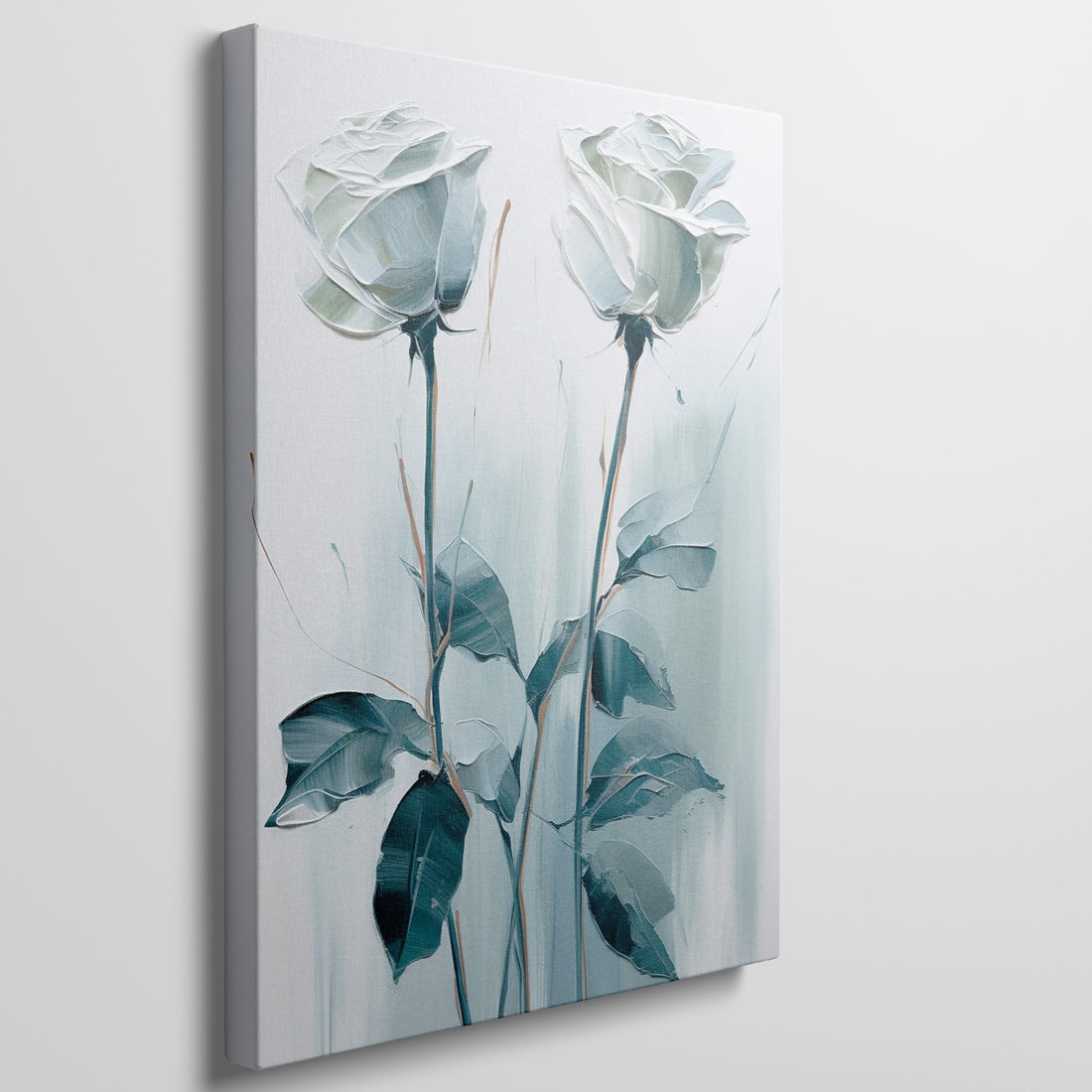 Framed canvas print of abstract blue roses with a textured appearance and soft colour palette