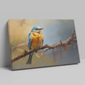 Framed canvas print of a realistic bluebird perched on a branch with vibrant blue and yellow colours