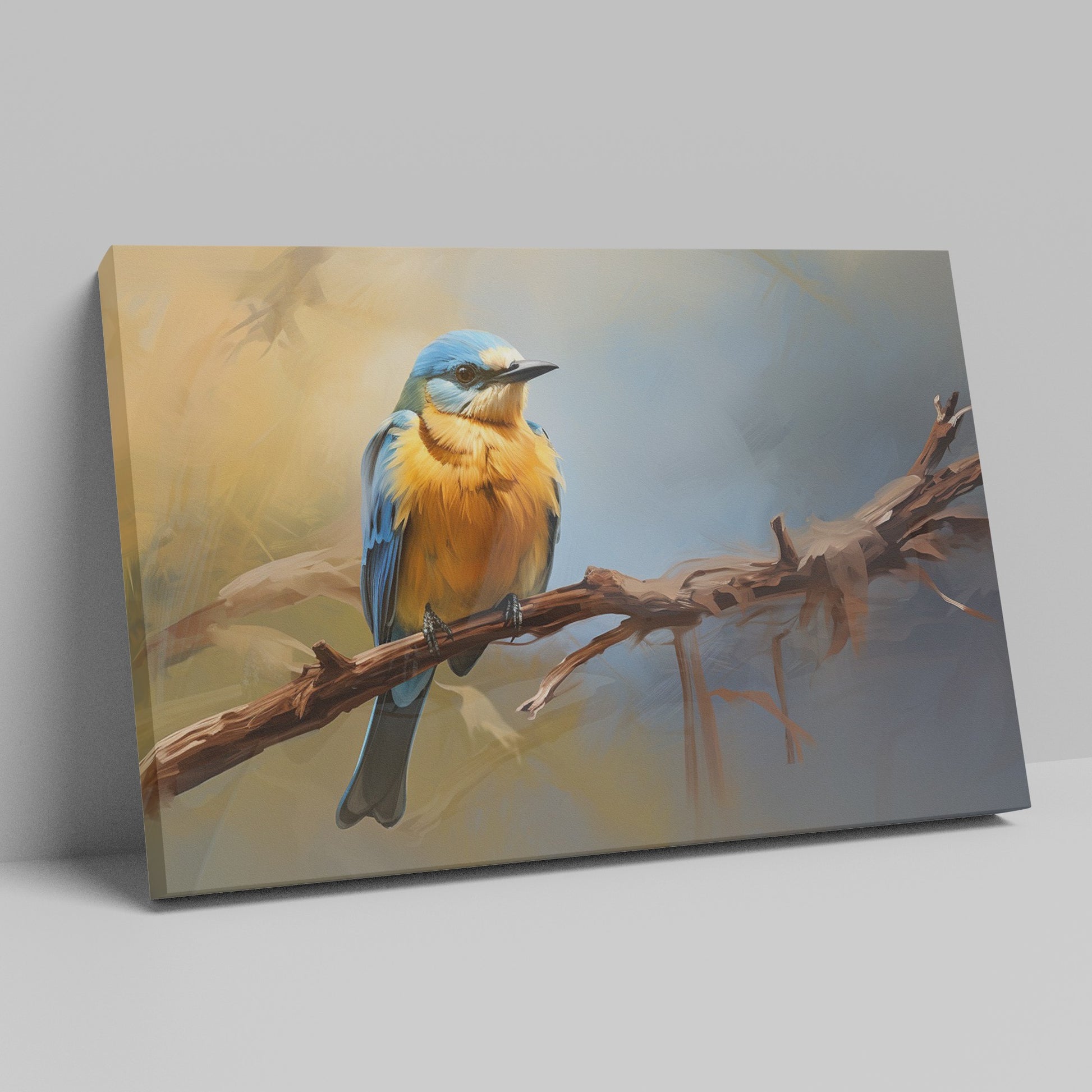 Framed canvas print of a realistic bluebird perched on a branch with vibrant blue and yellow colours