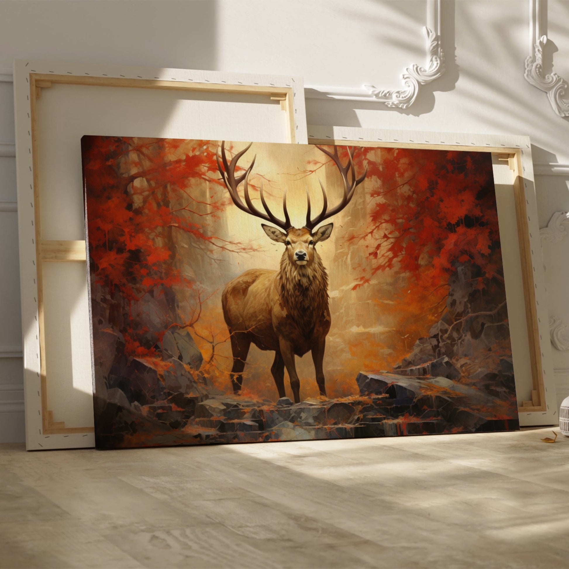 Framed canvas print of a majestic stag in an autumn forest with fiery red leaves