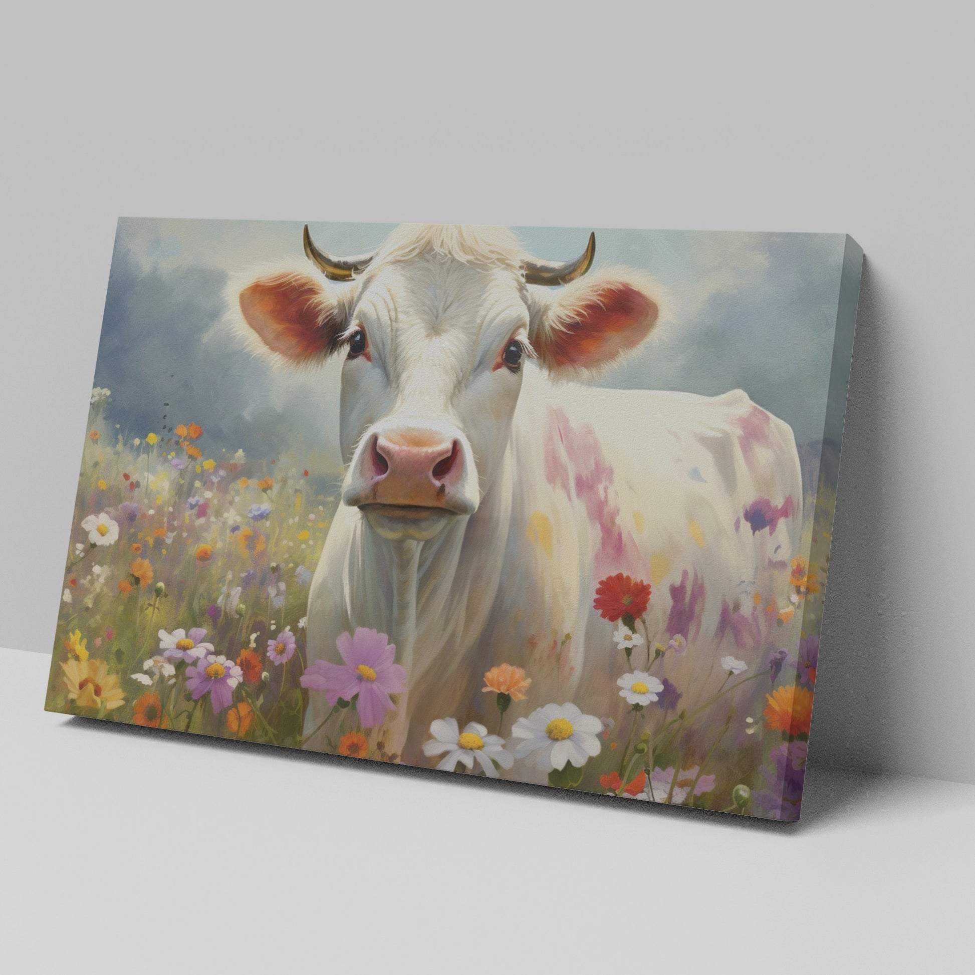 Framed canvas print of a realistic cow in a colourful meadow with wildflowers