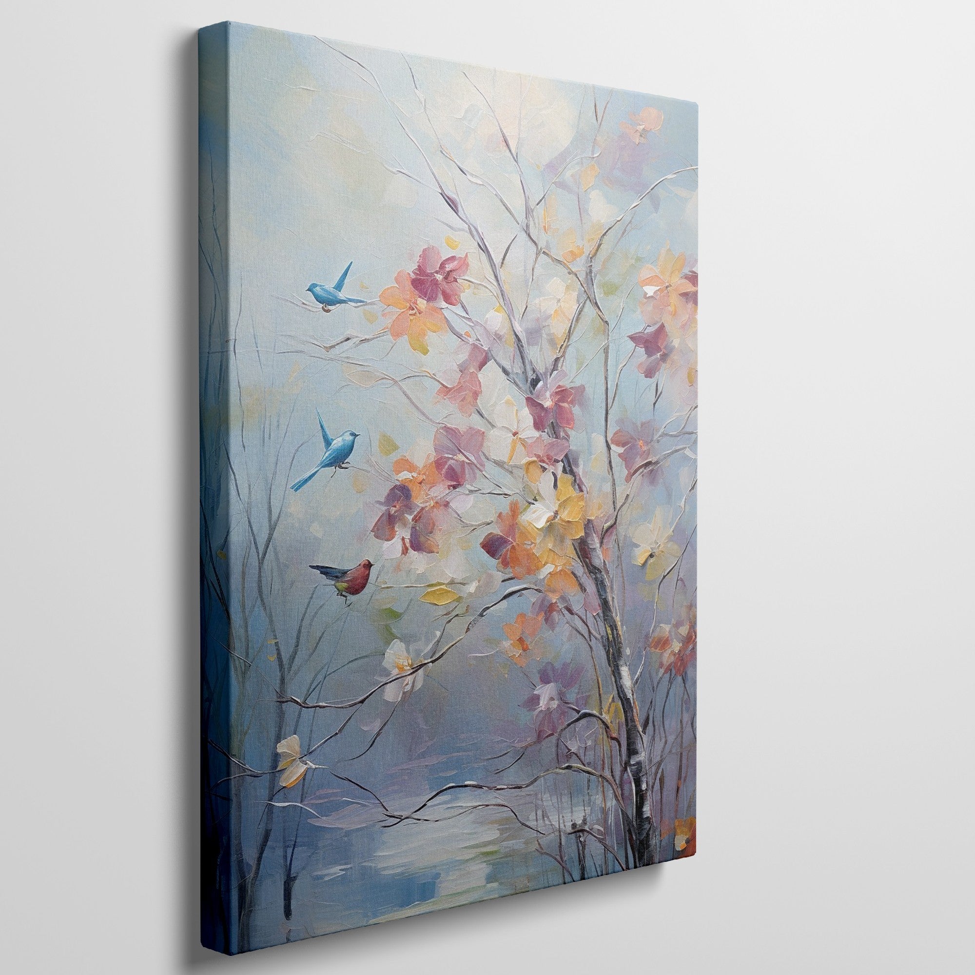 Framed canvas print of an impressionist painting with colourful birds and flowers by a lake