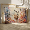 Framed canvas print of a majestic stag in a misty autumn forest