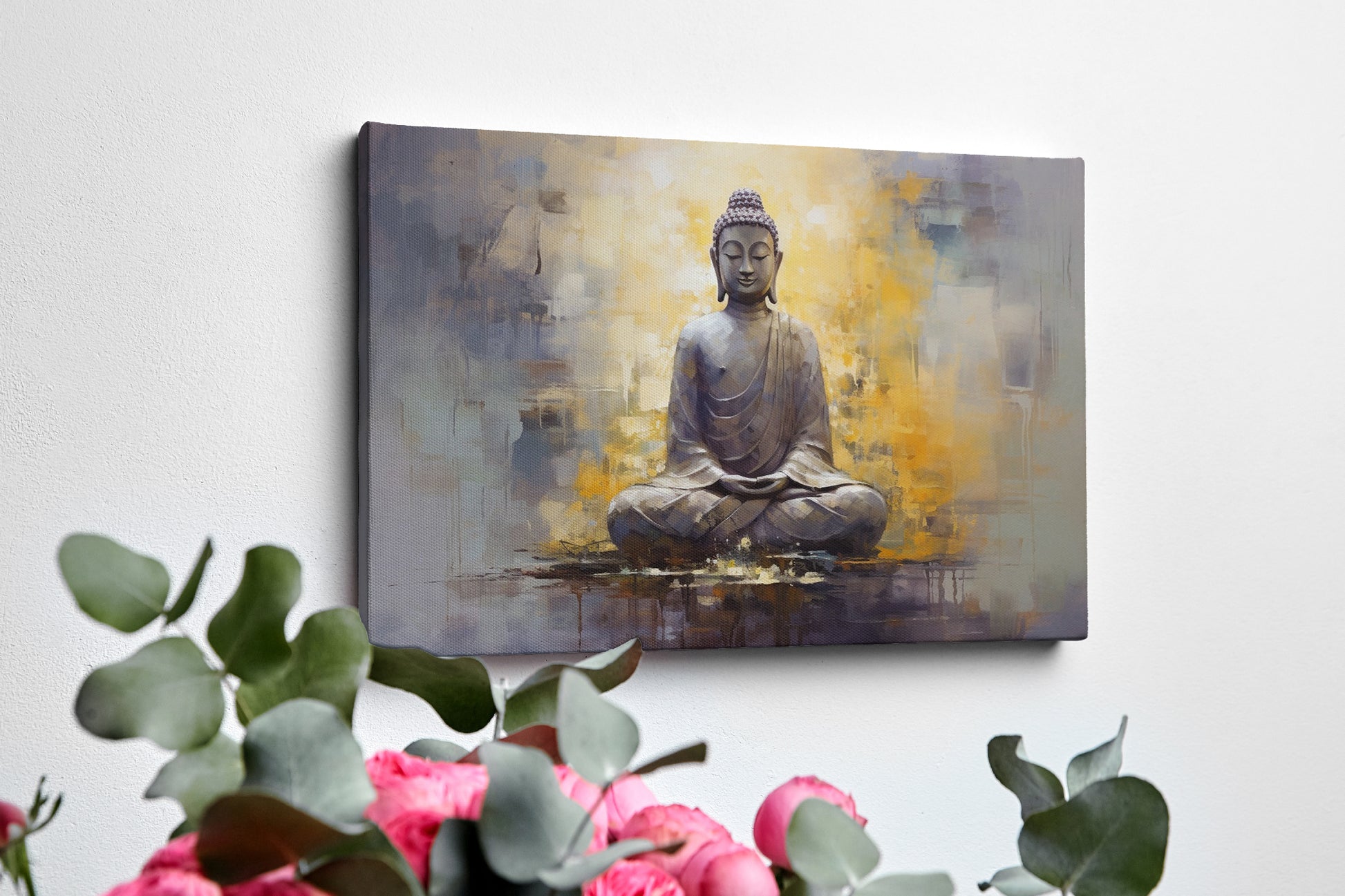 Framed canvas print of a serene Buddha in meditation with abstract warm and cool tones