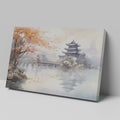 Framed canvas print depicting an autumnal Oriental scene with a pagoda and misty lake