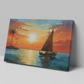 Framed canvas print of a tropical sunset with a sailboat and palm trees