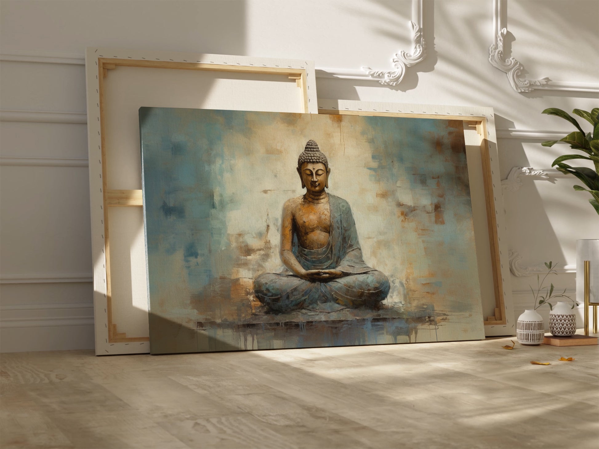 Framed canvas print of a serene Buddha in meditative pose with abstract earthy background