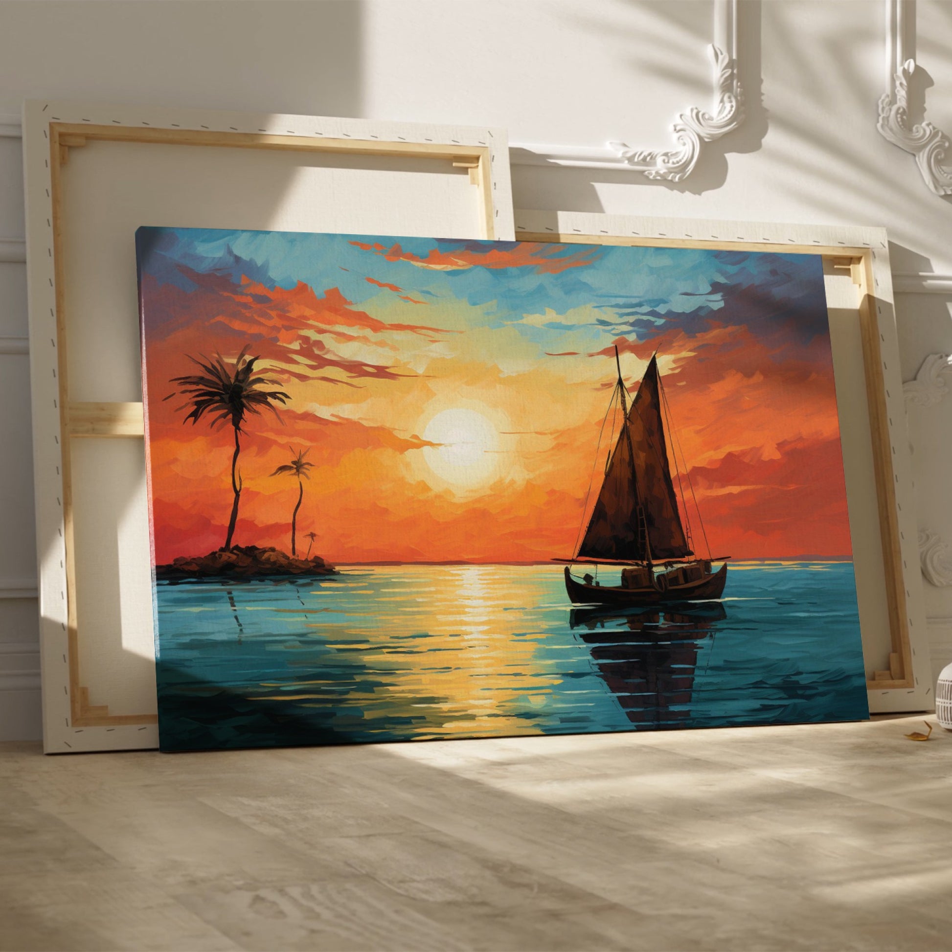 Framed canvas print of a tropical sunset with a sailboat and palm trees