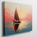 Impressionistic sailboat at sunset with vibrant orange, red, and blue hues reflecting on water