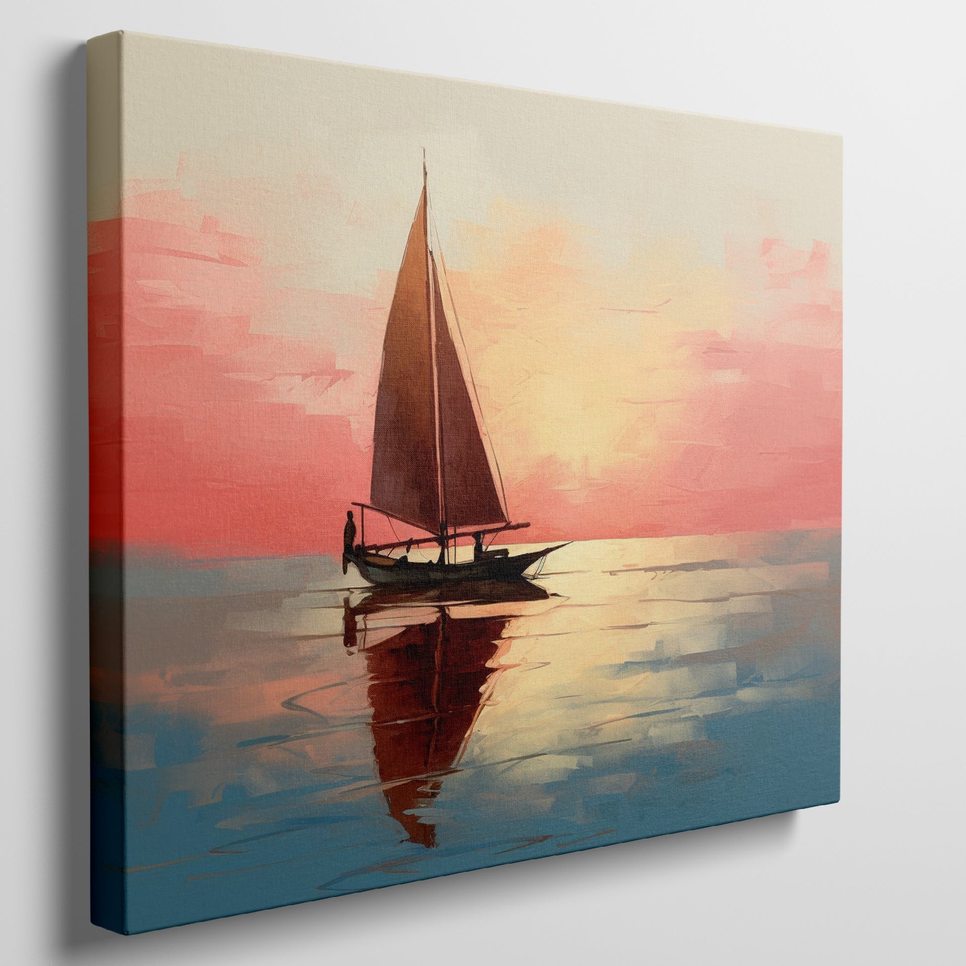 Impressionistic sailboat at sunset with vibrant orange, red, and blue hues reflecting on water