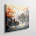 Framed canvas print of an Asian-inspired scene featuring traditional Chinese pagodas amid autumnal trees by a misty lake with a waterfall