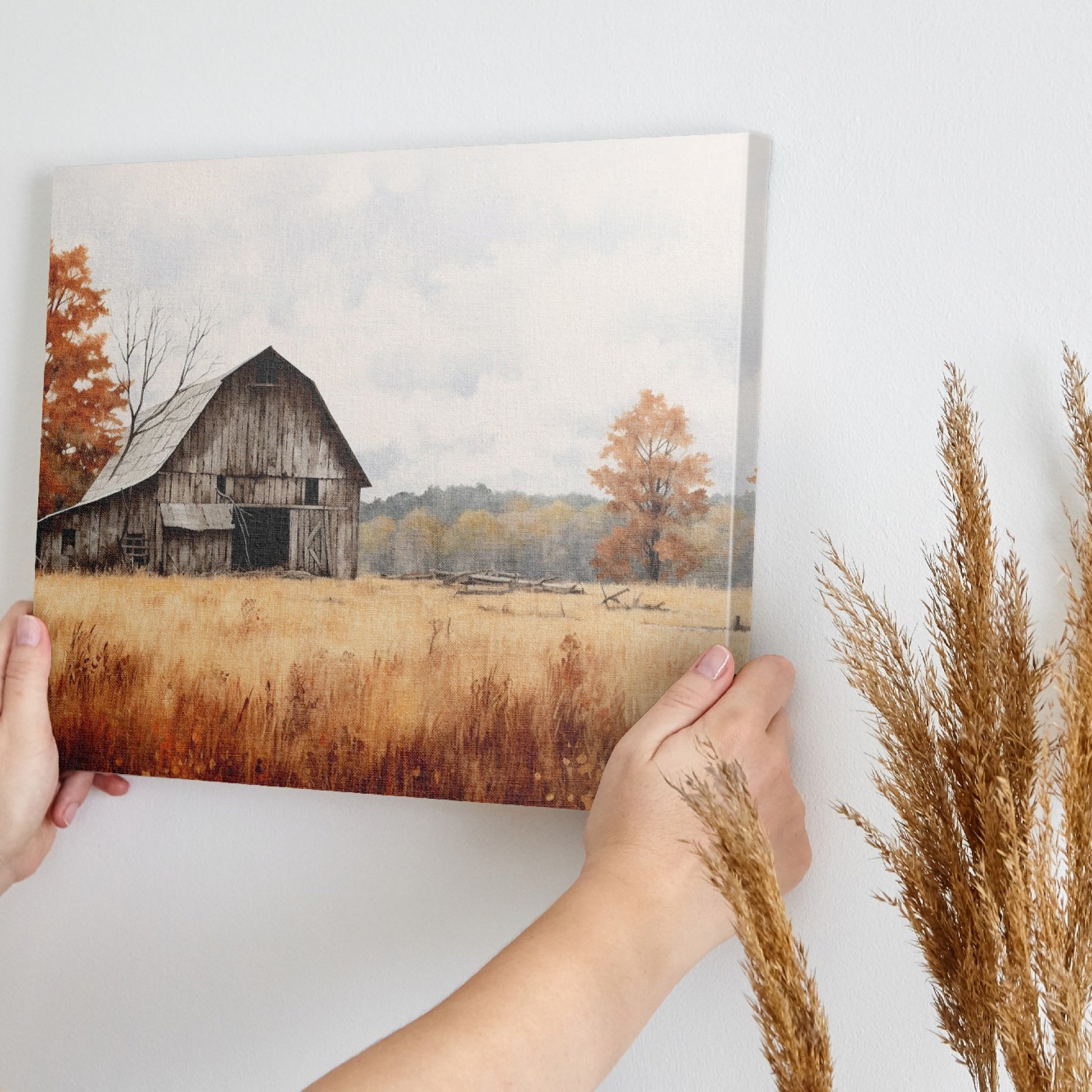 Framed canvas print of an autumnal rustic barn and golden fields