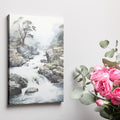 Framed canvas print of a misty river waterfall amid rugged rocks and a serene forest