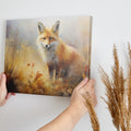 Framed canvas print of an impressionist painting of a fox set against the backdrop of golden autumn leaves and soft brushstrokes