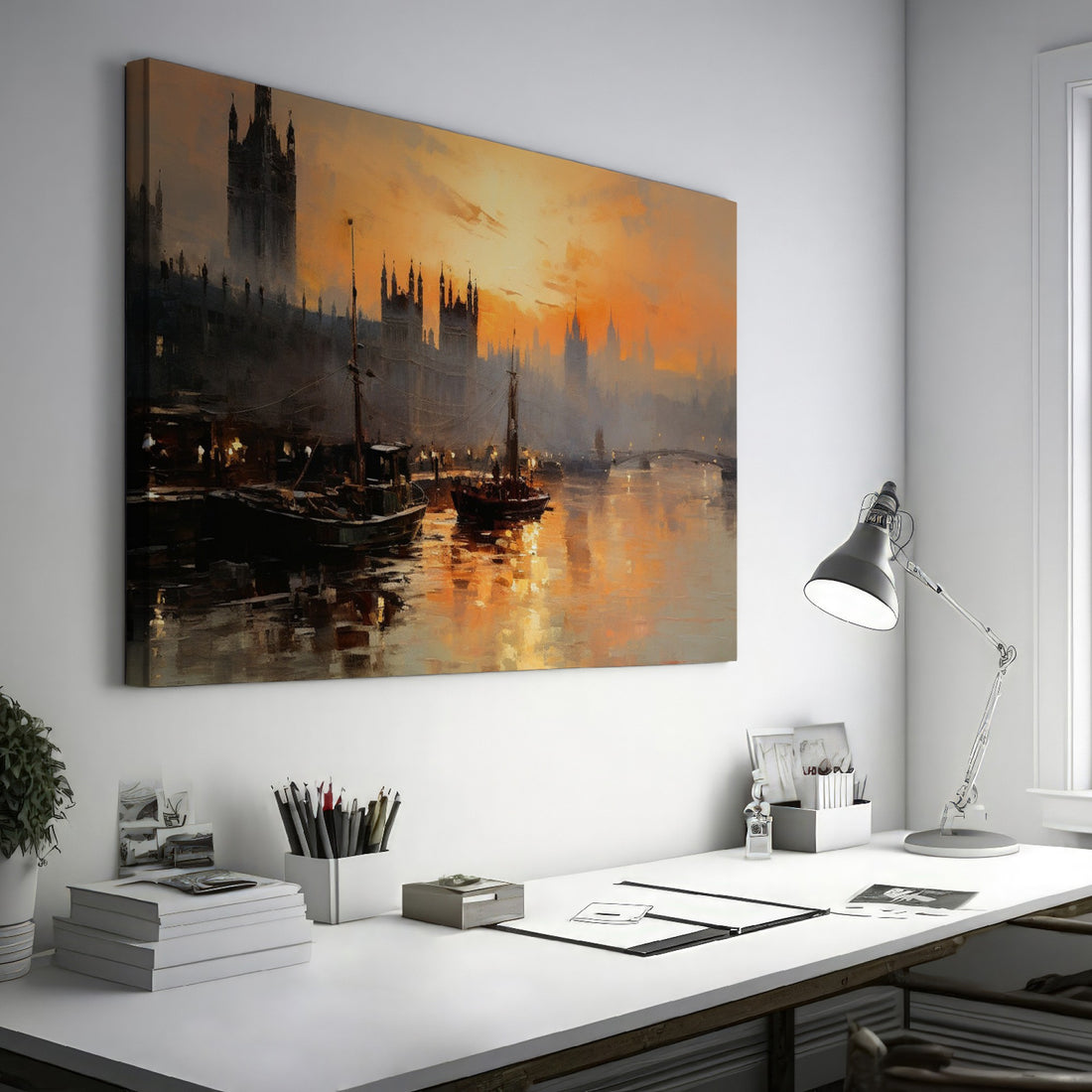 Framed canvas print of a sunset over the River Thames with London skyline and boats in impressionist style