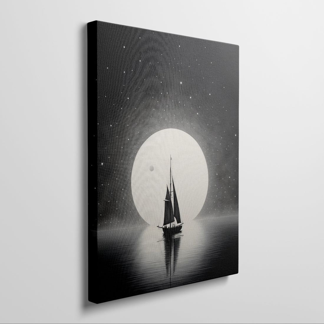 Framed canvas print of a sailboat silhouette against a large moon and starry sky in monochrome tones