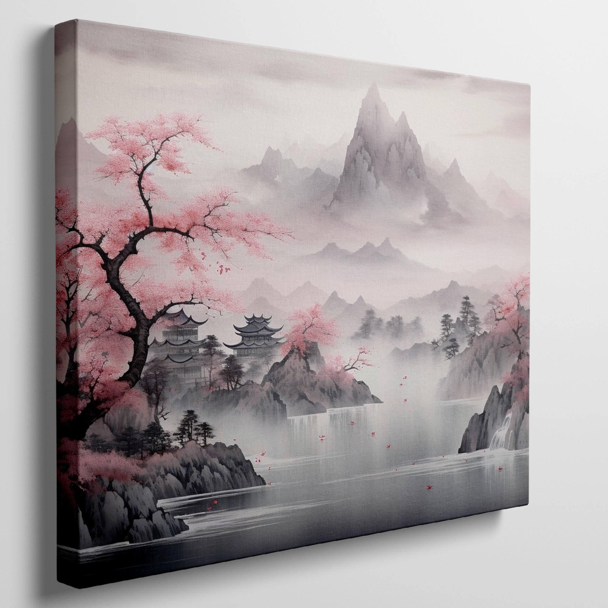 Framed canvas print of a traditional Asian landscape with cherry blossoms and misty mountains