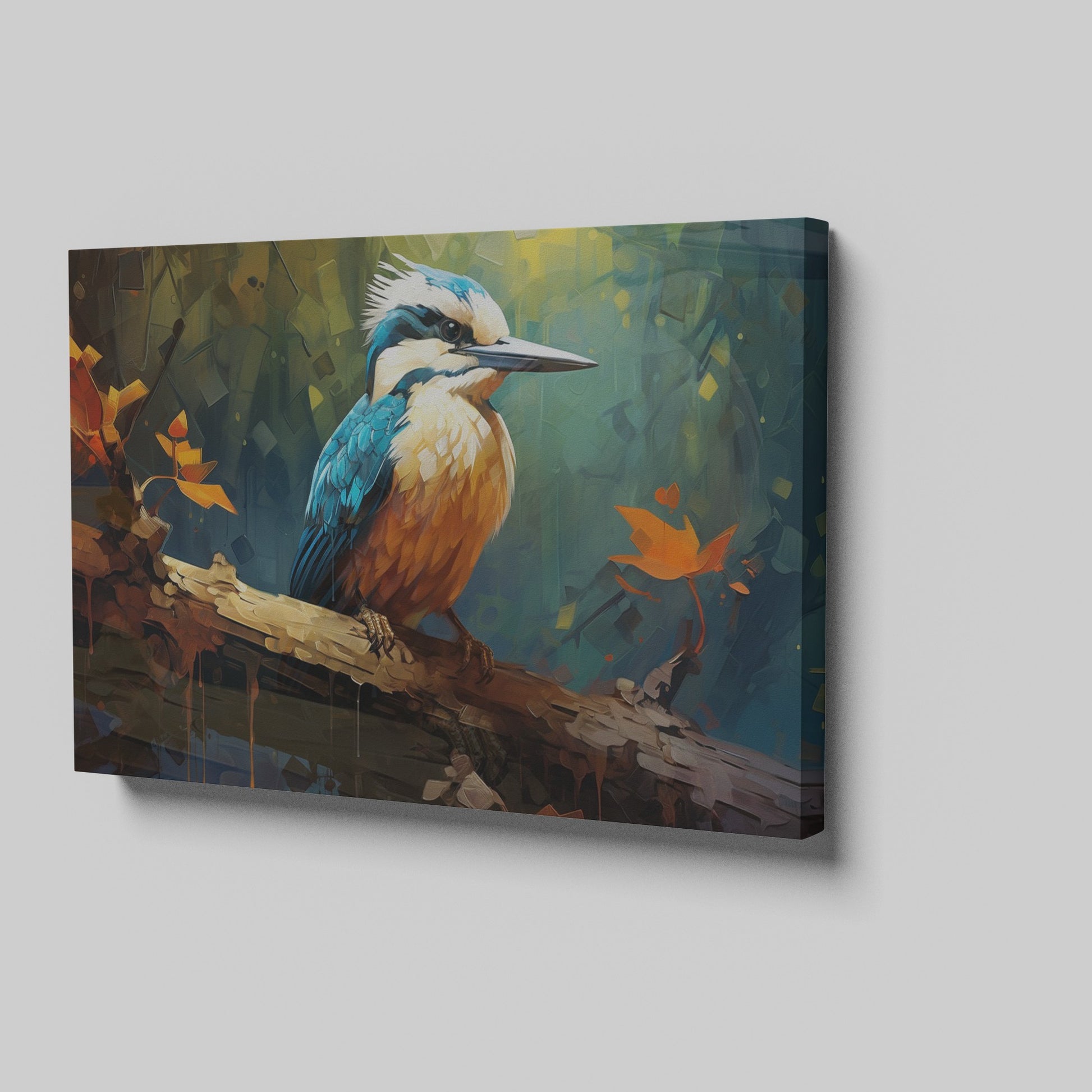 Framed canvas print featuring a vibrant digital art depiction of a kingfisher with autumnal elements